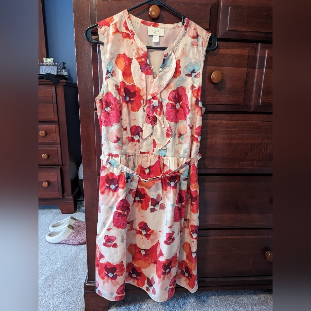 Pink flower sleeveless belted dress w/ lining size 8
